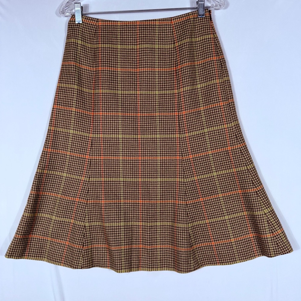 Vtg 90s Talbots Petite 100% Wool Skirt 6 Brown Plaid Houndstooth Tweed Academic
